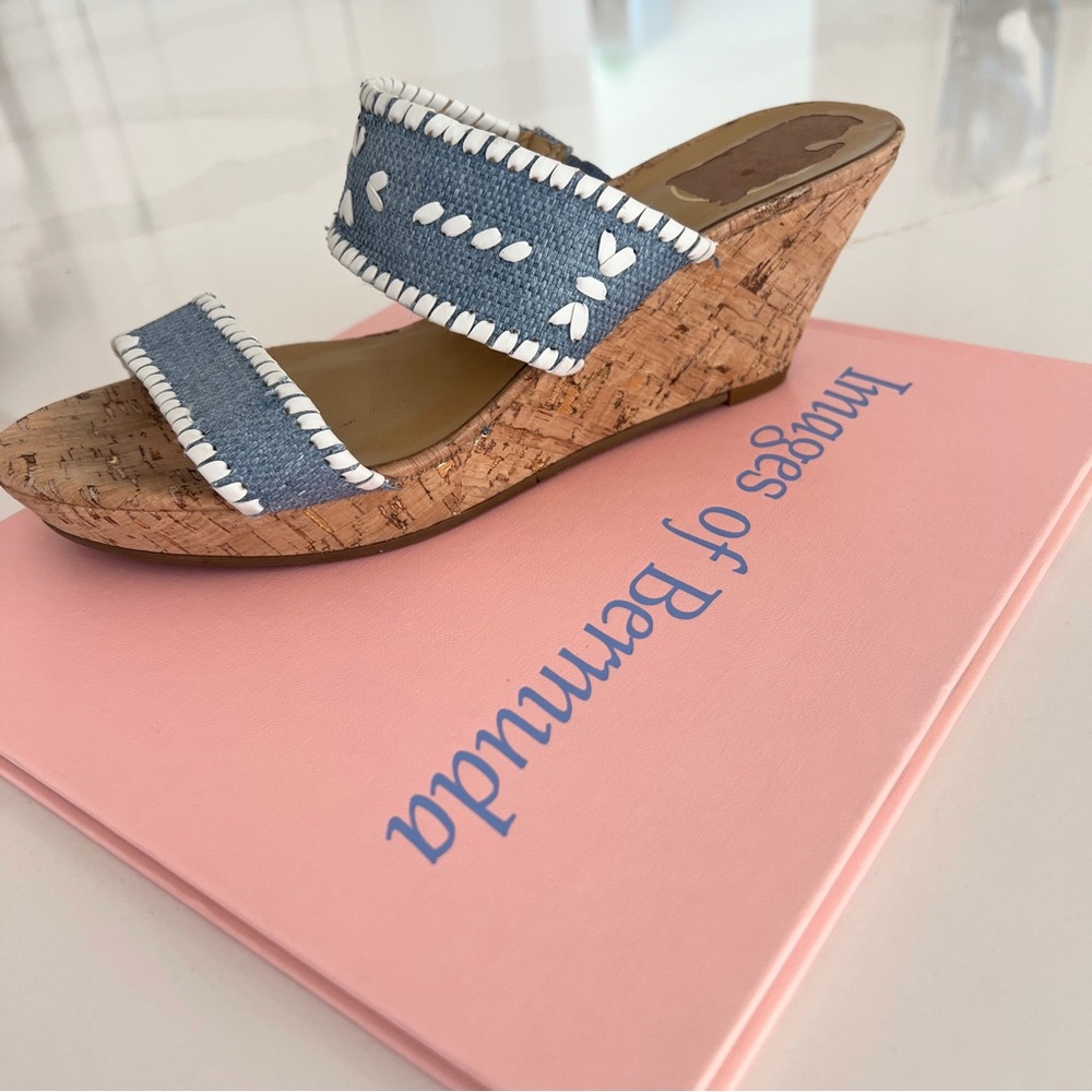 Jack Rogers Wedge Sandals Ella Cork Double Strap Coastal Blue and White Size 10 - Picture 14 of 16